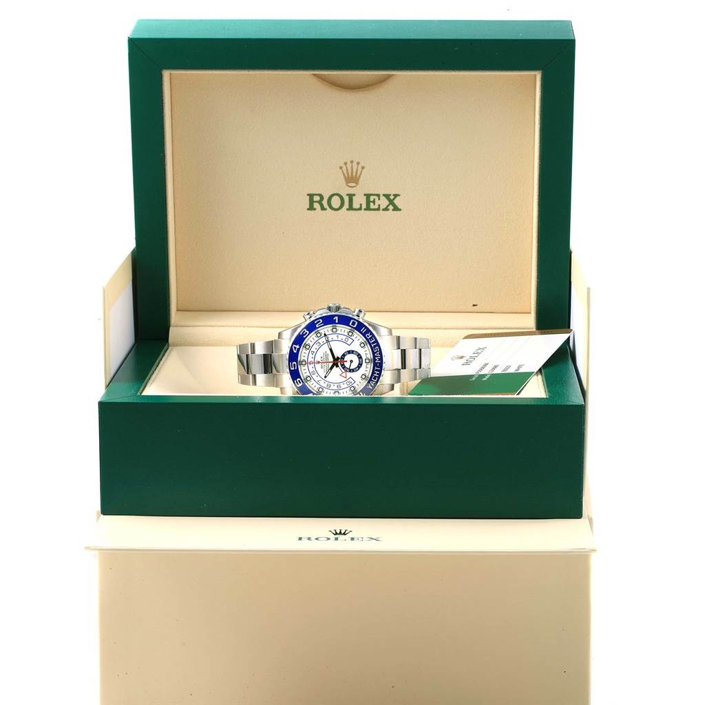 The Rolex Yacht-Master 116680 Men's Stainless Steel White Dial 116680 Men's Stainless Steel White Dial watch is displayed front-on in its green and beige presentation box.