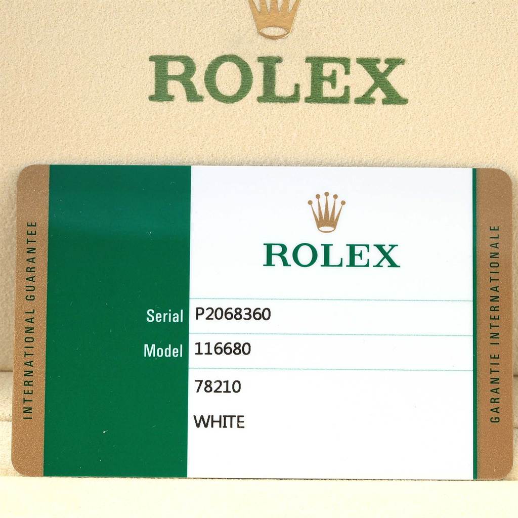 This is a guarantee card for a Rolex Yacht-Master 116680 Men's Stainless Steel White Dial 116680 Men's Stainless Steel White Dial watch, showing the serial number, model number, and color.