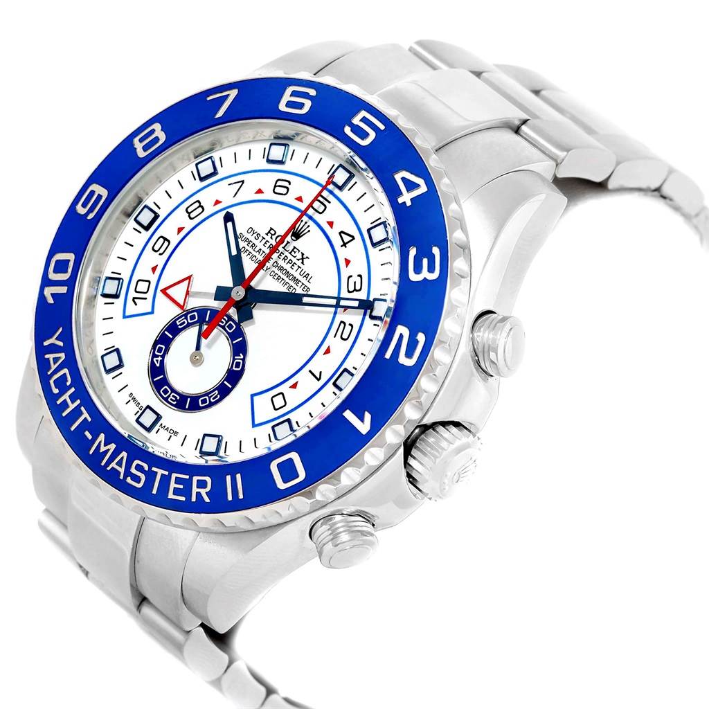 The Rolex Yacht-Master 116680 Men's Stainless Steel White Dial 116680 Men's Stainless Steel White Dial watch is shown at a three-quarter angle highlighting the face, bezel, and part of the bracelet.