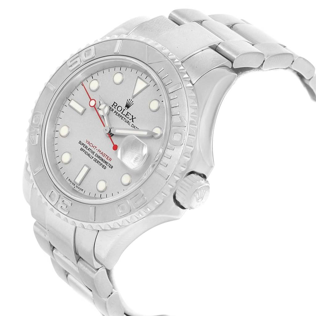 The Rolex Yacht-Master 16622 Men's Stainless Steel Silver Dial 16622 Men's Stainless Steel Silver Dial watch is shown at a slight angle, displaying its face, bezel, and part of its metal bracelet.