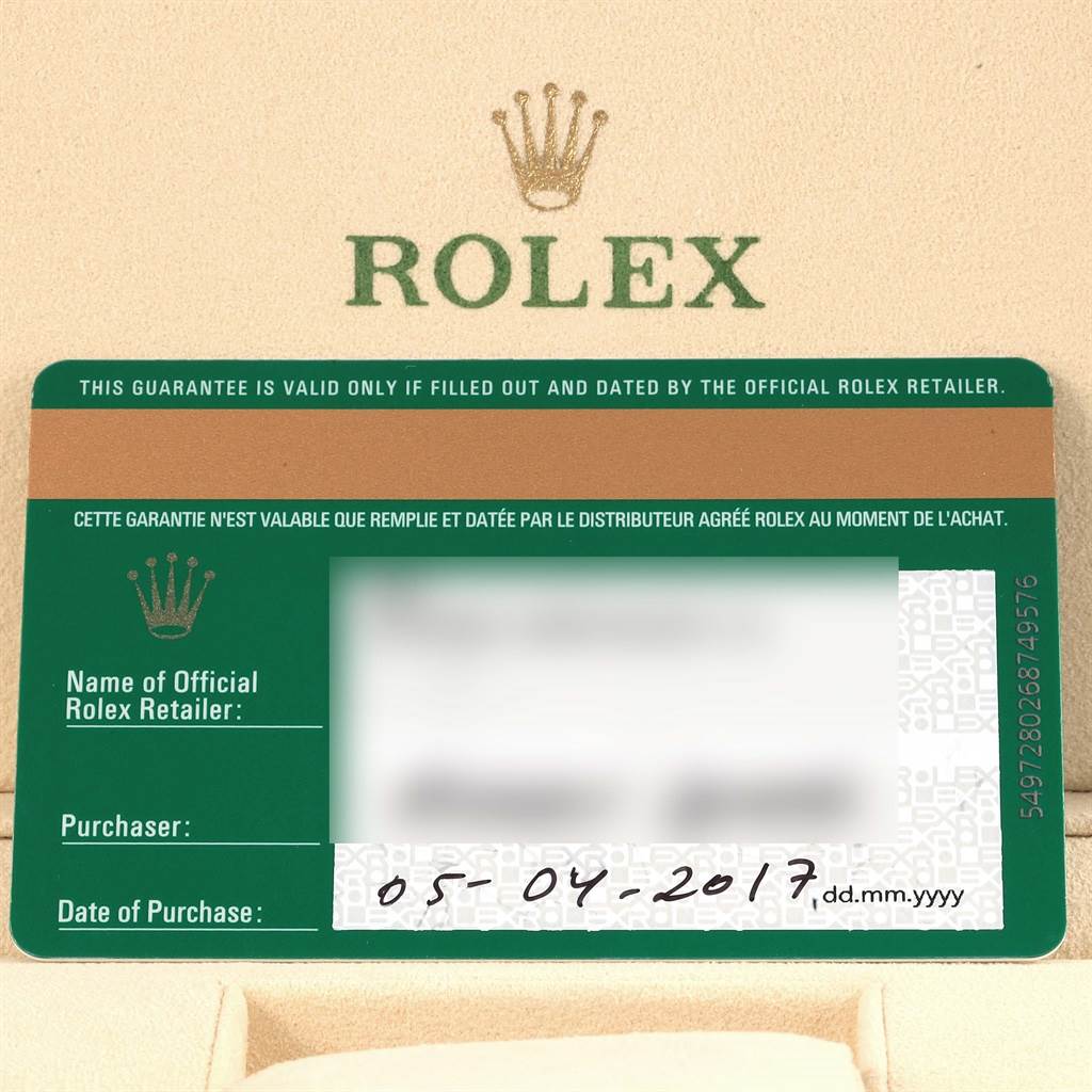 The image shows a warranty card for the Rolex Yacht-Master 116680 Men's Stainless Steel White Dial 116680 Men's Stainless Steel White Dial watch, displayed at a straight-on angle.