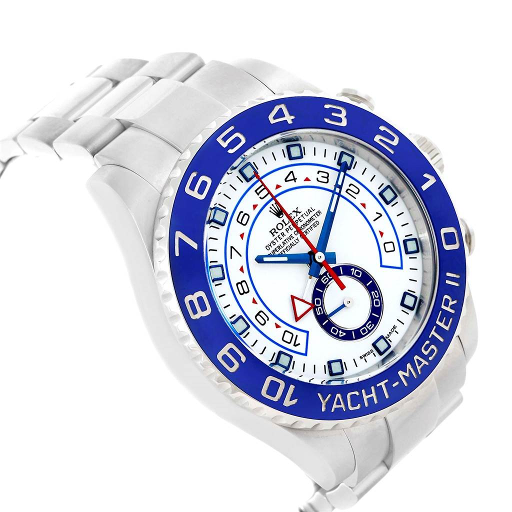 This image shows a Yacht-Master model by Rolex at an angle highlighting the dial, bezel, and part of the bracelet.