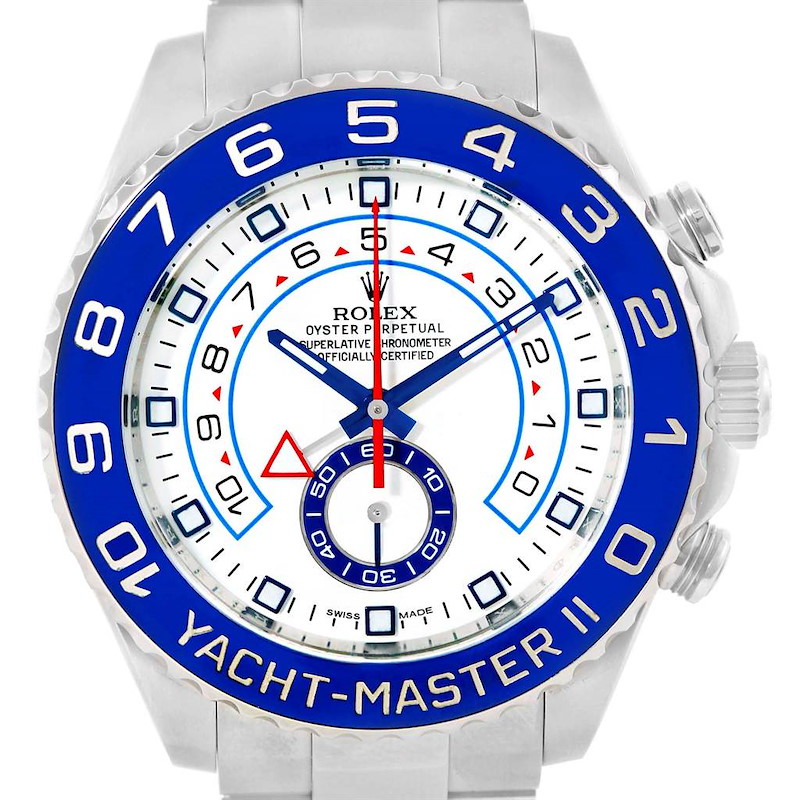 The image shows a frontal view of the Rolex Yacht-Master II watch, highlighting the dial, bezel, and crown.