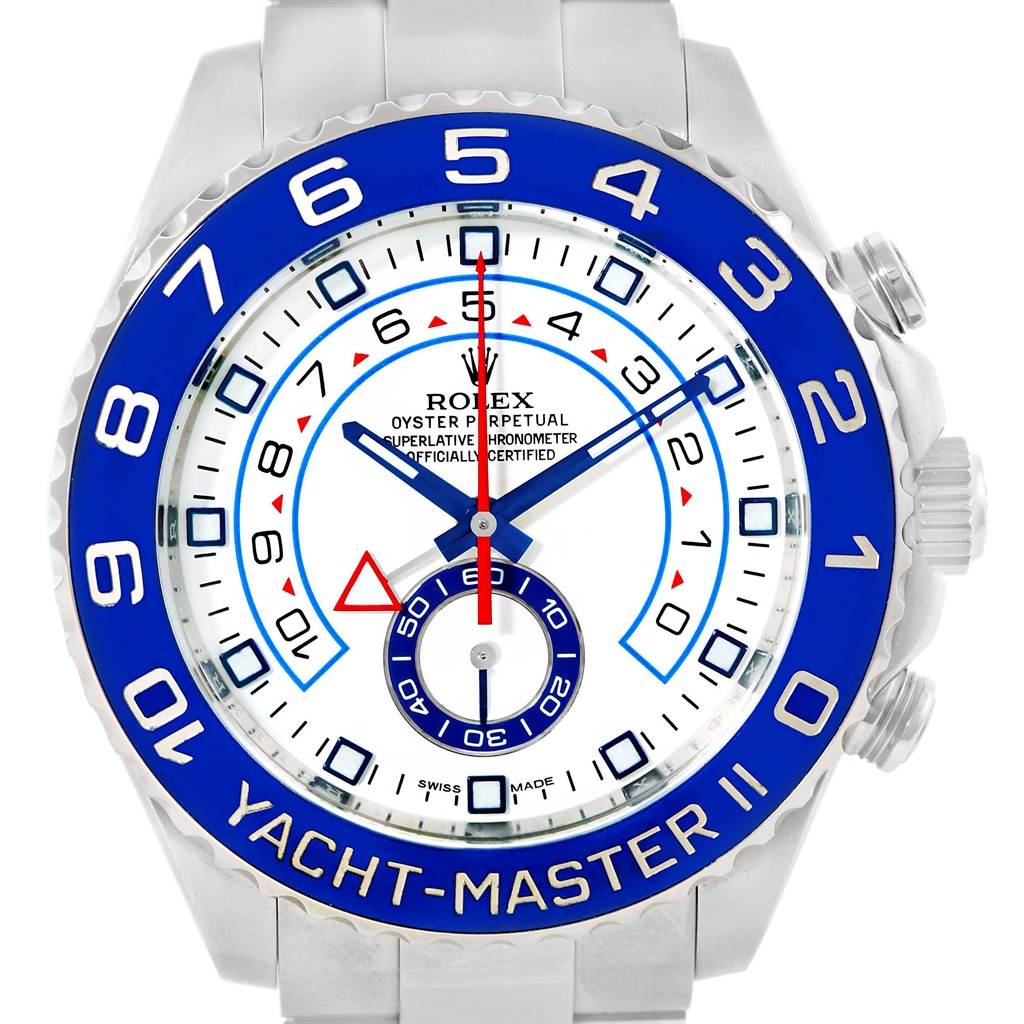 The image shows a frontal view of the Rolex Yacht-Master 116680 Men's Stainless Steel White Dial 116680 Men's Stainless Steel White Dial II watch, highlighting the dial, bezel, and crown.