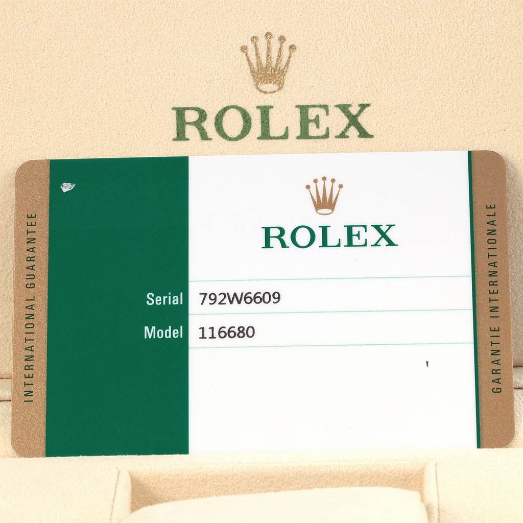 The image shows a Rolex guarantee card for the Yacht-Master model 116680, displaying the serial number and brand logo.