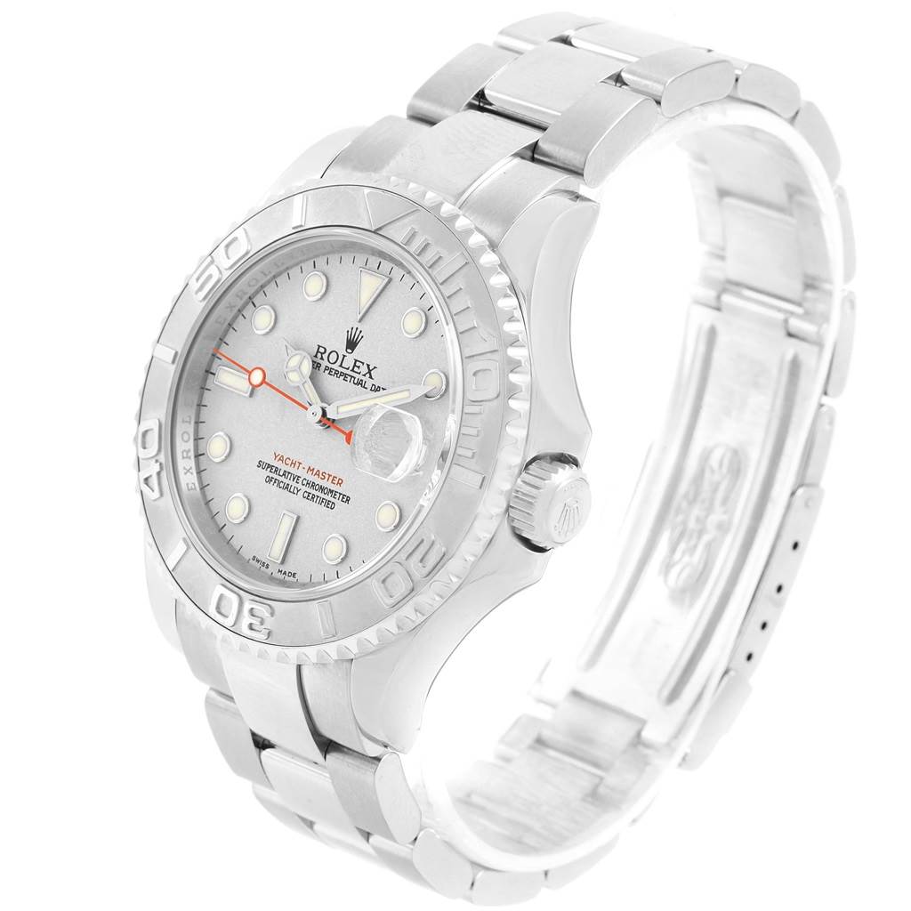 The image shows a side angle of the Rolex Yacht-Master 16622 Men's Stainless Steel Silver Dial 16622 Men's Stainless Steel Silver Dial watch, highlighting the face, bezel, crown, and part of the bracelet.