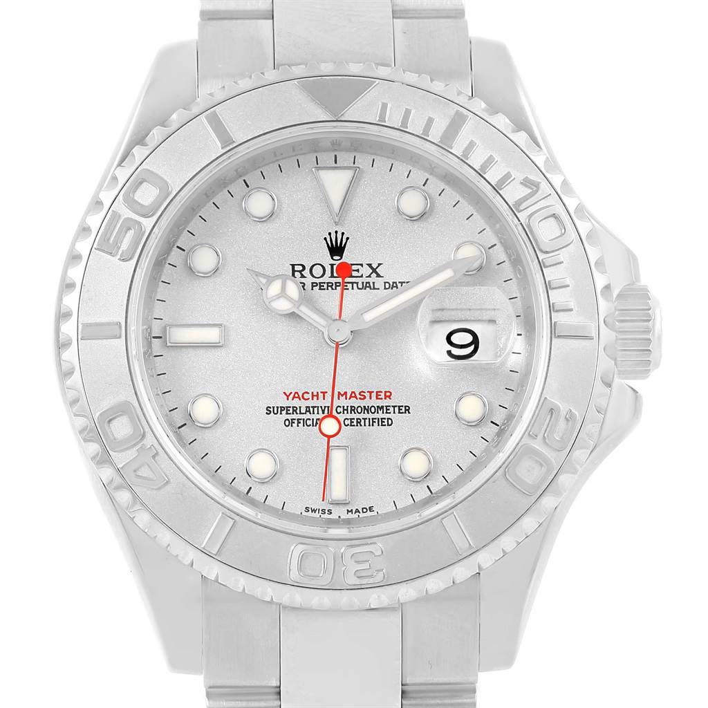 The Rolex Yacht-Master 16622 Men's Stainless Steel Silver Dial 16622 Men's Stainless Steel Silver Dial watch is shown from a front angle, displaying its face, bezel, and part of the bracelet.