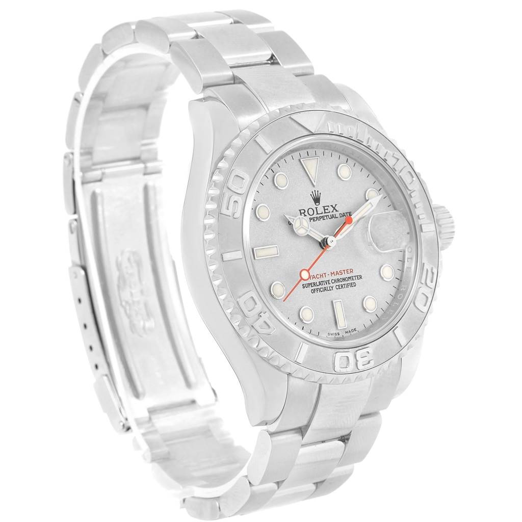 This image shows a Rolex Yacht-Master 16622 Men's Stainless Steel Silver Dial 16622 Men's Stainless Steel Silver Dial watch from an angled front view, highlighting the bezel, dial, bracelet, and clasp.