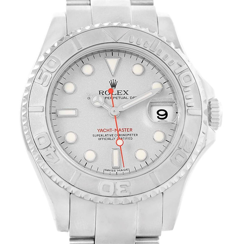 The image shows a front view of a Rolex Yacht-Master watch, displaying its face, bezel, and bracelet.