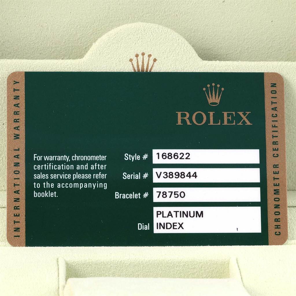 The image shows the warranty card for the Rolex Yacht-Master 168622 Men's Stainless Steel Silver Dial 168622 Men's Stainless Steel Silver Dial, including style, serial, bracelet numbers, and dial description.