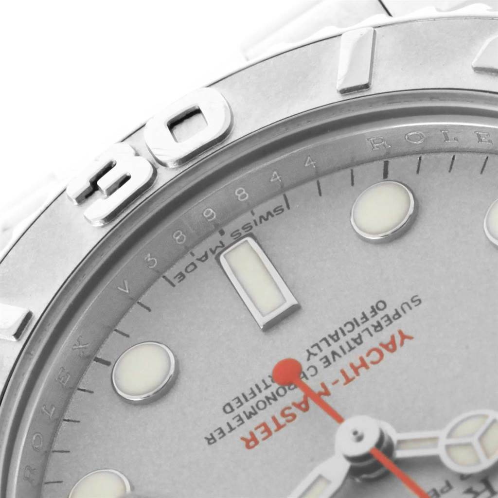 The image shows a close-up of the Rolex Yacht-Master 168622 Men's Stainless Steel Silver Dial 168622 Men's Stainless Steel Silver Dial watch face, highlighting the 30-minute marker and part of the dial.