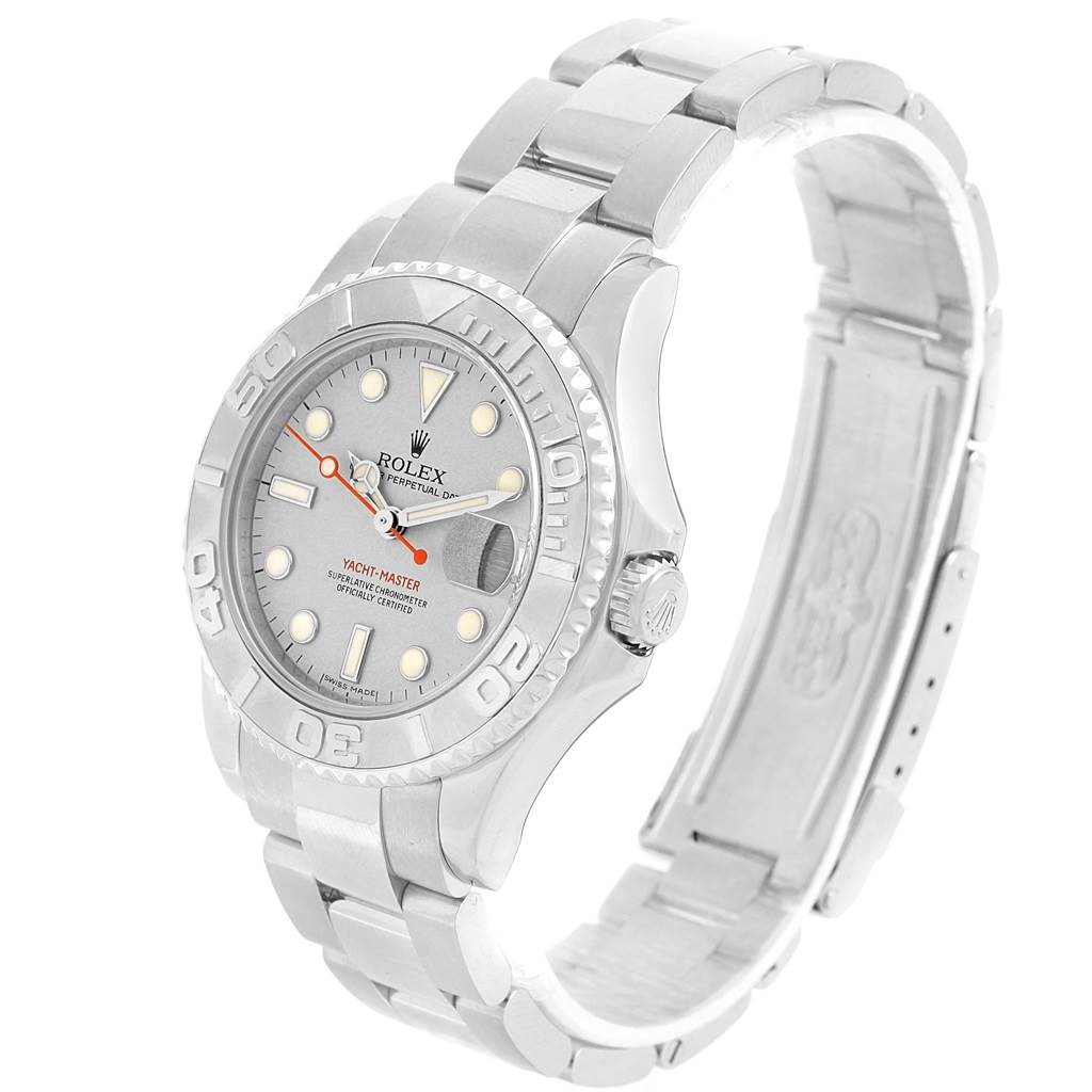 The image shows a three-quarter view of the Rolex Yacht-Master 168622 Men's Stainless Steel Silver Dial 168622 Men's Stainless Steel Silver Dial watch, highlighting the dial, bezel, and bracelet.