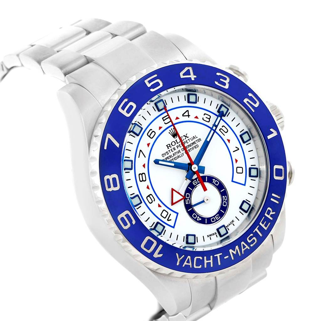 The image shows a Rolex Yacht-Master 116680 Men's Stainless Steel White Dial 116680 Men's Stainless Steel White Dial watch from an angled view, highlighting the dial, bezel, and part of the bracelet.