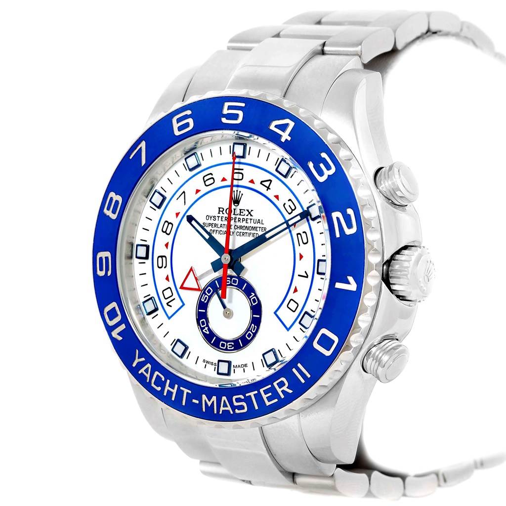 The image shows a Rolex Yacht-Master 116680 Men's Stainless Steel White Dial 116680 Men's Stainless Steel White Dial II watch at a slight angle, highlighting the crown, pushers, and bezel.