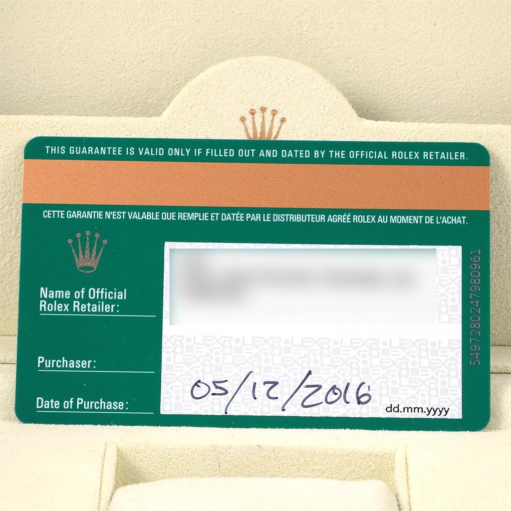 The image shows a guarantee card for the Rolex Yacht-Master 116680 Men's Stainless Steel White Dial 116680 Men's Stainless Steel White Dial model, with purchase details and official retailer information.