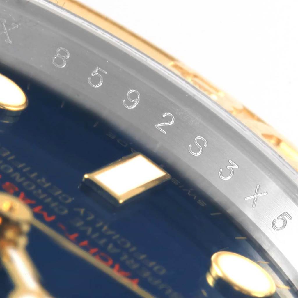 The image shows a close-up of the Rolex Yacht-Master 16623 Men's Stainless Steel Blue Dial 16623 Men's Stainless Steel Blue Dial watch's dial, focusing on the date indicator and part of the chapter ring.