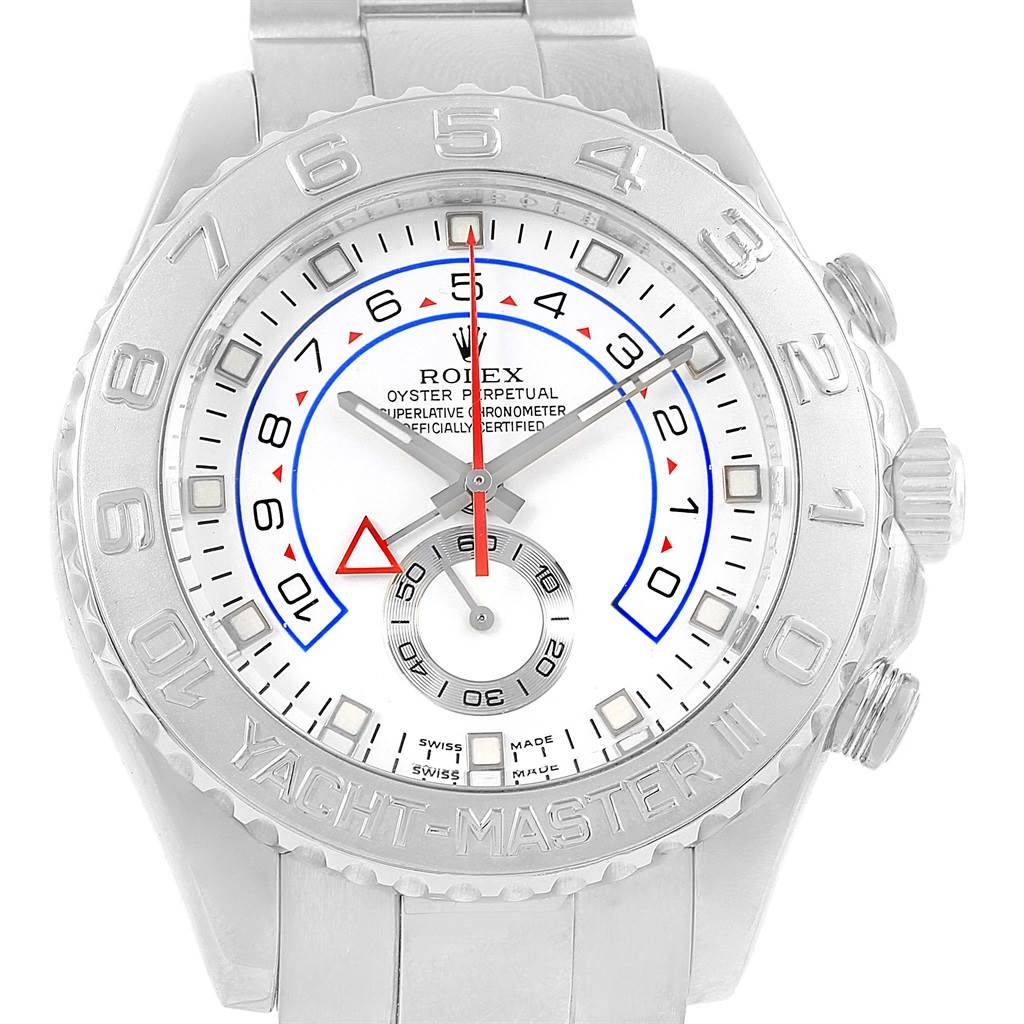 The image shows a frontal view of a Rolex Yacht-Master 116689 Men's White Gold White Dial 116689 Men's White Gold White Dial watch, highlighting its bezel, dial, hands, and bracelet.