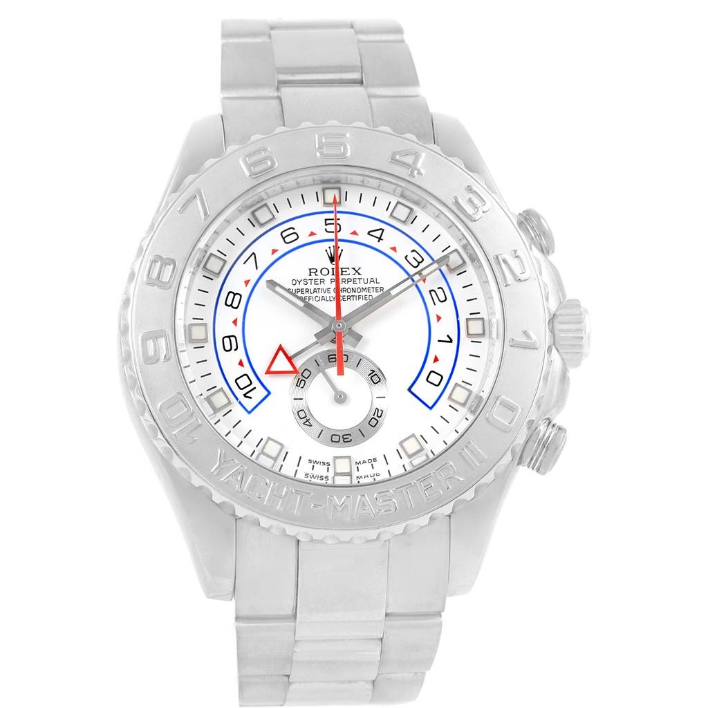 The image shows a front view of the Rolex Yacht-Master 116689 Men's White Gold White Dial 116689 Men's White Gold White Dial watch, displaying its bezel, dial, and bracelet.
