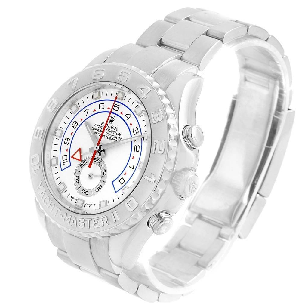 The Rolex Yacht-Master 116689 Men's White Gold White Dial 116689 Men's White Gold White Dial watch is shown at a slight angle, displaying the face, bezel, crown, and bracelet.