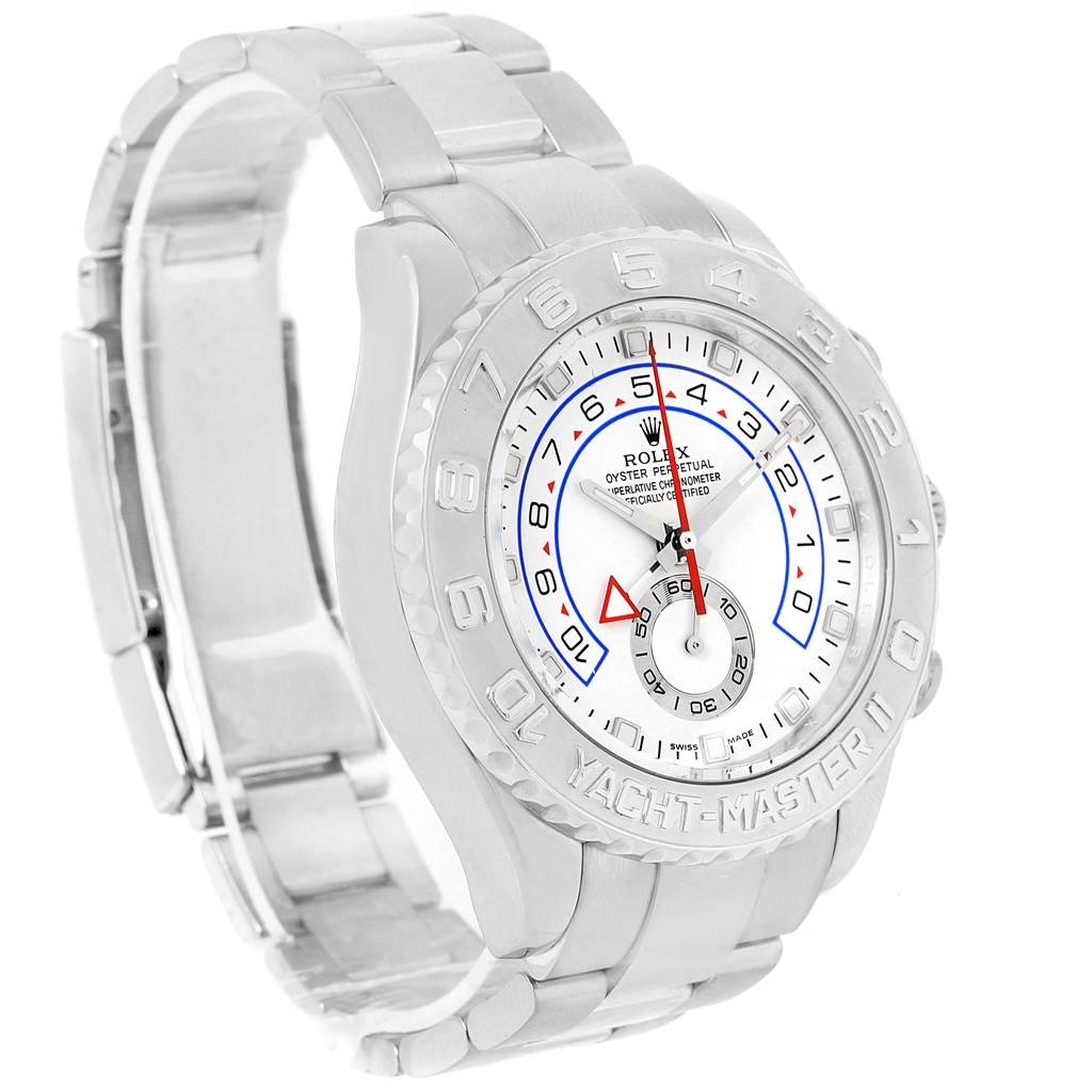 The image shows a Rolex Yacht-Master 116689 Men's White Gold White Dial 116689 Men's White Gold White Dial watch from a three-quarter angle, displaying the face, bezel, and part of the bracelet.