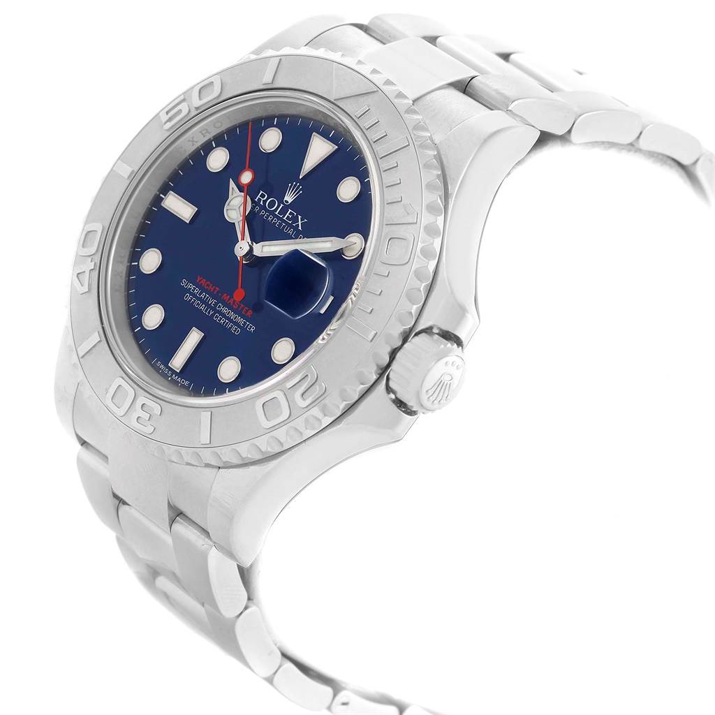 The Rolex Yacht-Master 116622 Men's Stainless Steel Blue Dial 116622 Men's Stainless Steel Blue Dial watch is shown at an angled side view, highlighting its bezel, dial, crown, and part of the bracelet.