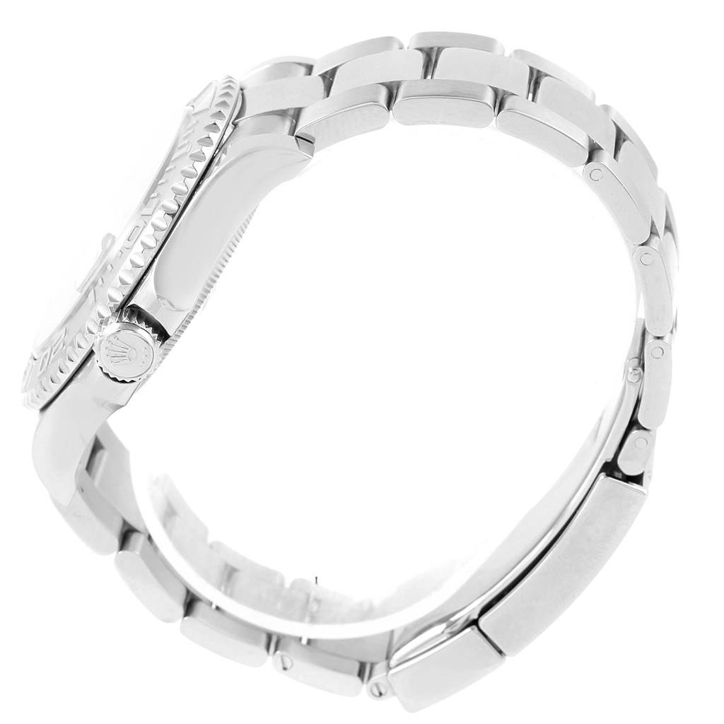 The image shows the side view of a Rolex Yacht-Master 116622 Men's Stainless Steel Blue Dial 116622 Men's Stainless Steel Blue Dial watch, highlighting the crown, bezel, and bracelet.