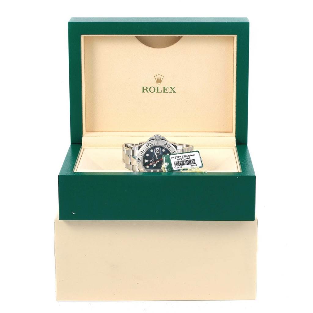The Rolex Yacht-Master 116622 Men's Stainless Steel Blue Dial 116622 Men's Stainless Steel Blue Dial watch is shown front-facing in an open green box with the brand logo on the inside lid.