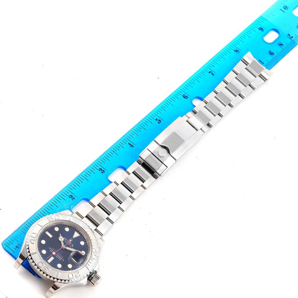 This image shows a top-down view of a Rolex Yacht-Master 116622 Men's Stainless Steel Blue Dial 116622 Men's Stainless Steel Blue Dial watch, including the face and fully extended bracelet.