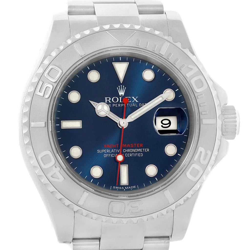 The image shows a front view of a Rolex Yacht-Master 116622 Men's Stainless Steel Blue Dial 116622 Men's Stainless Steel Blue Dial watch, highlighting the face, bezel, crown, and bracelet.