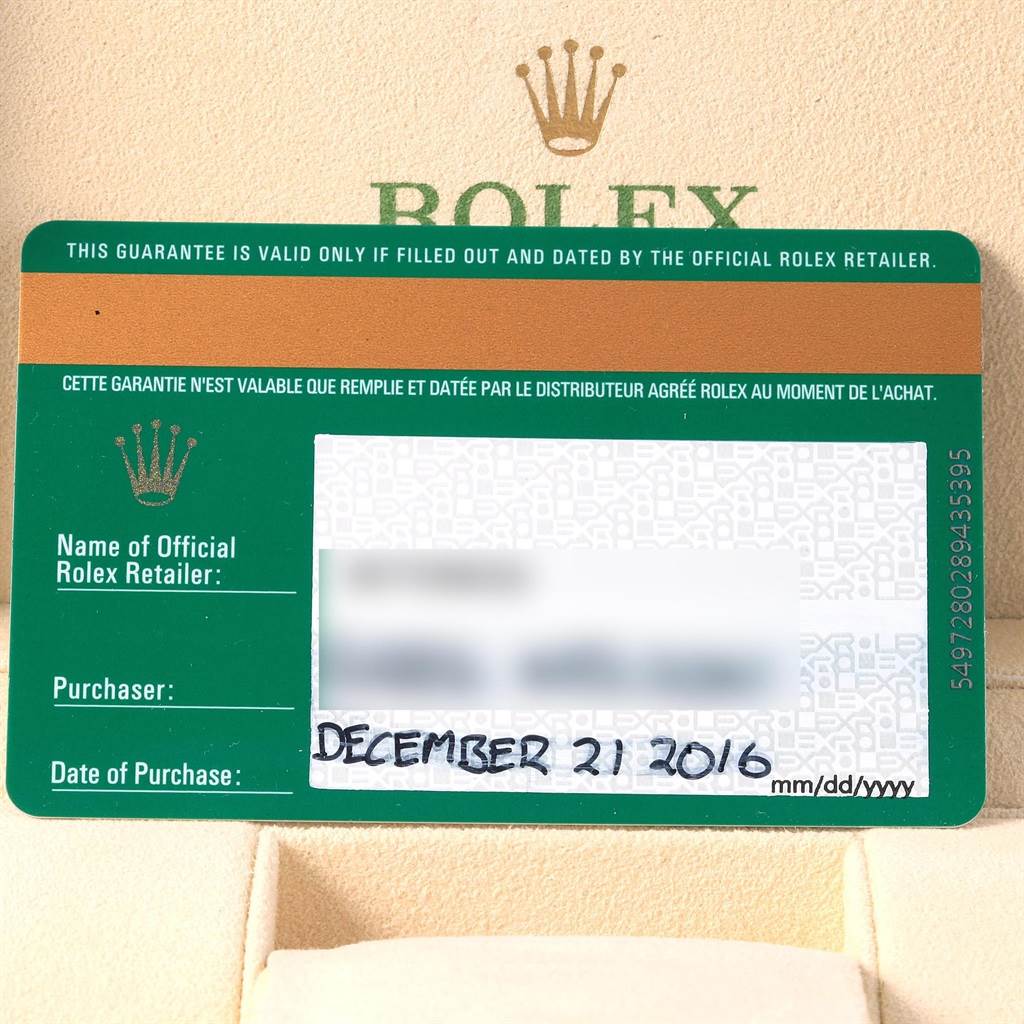 The image shows a Rolex guarantee card for the Yacht-Master model with the handwritten purchase date of December 21, 2016.