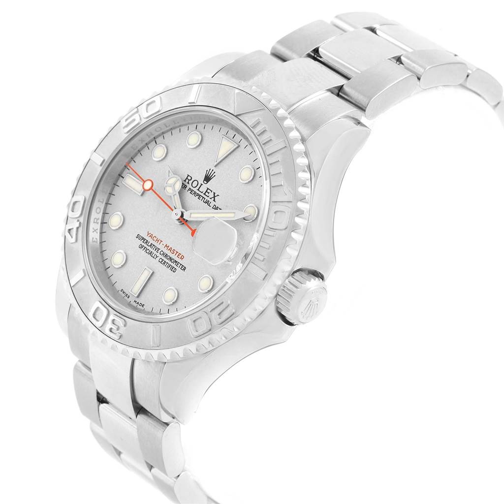 The Rolex Yacht-Master 16622 Men's Stainless Steel Silver Dial 16622 Men's Stainless Steel Silver Dial watch is shown at a three-quarter angle, highlighting the face, bezel, crown, and bracelet.