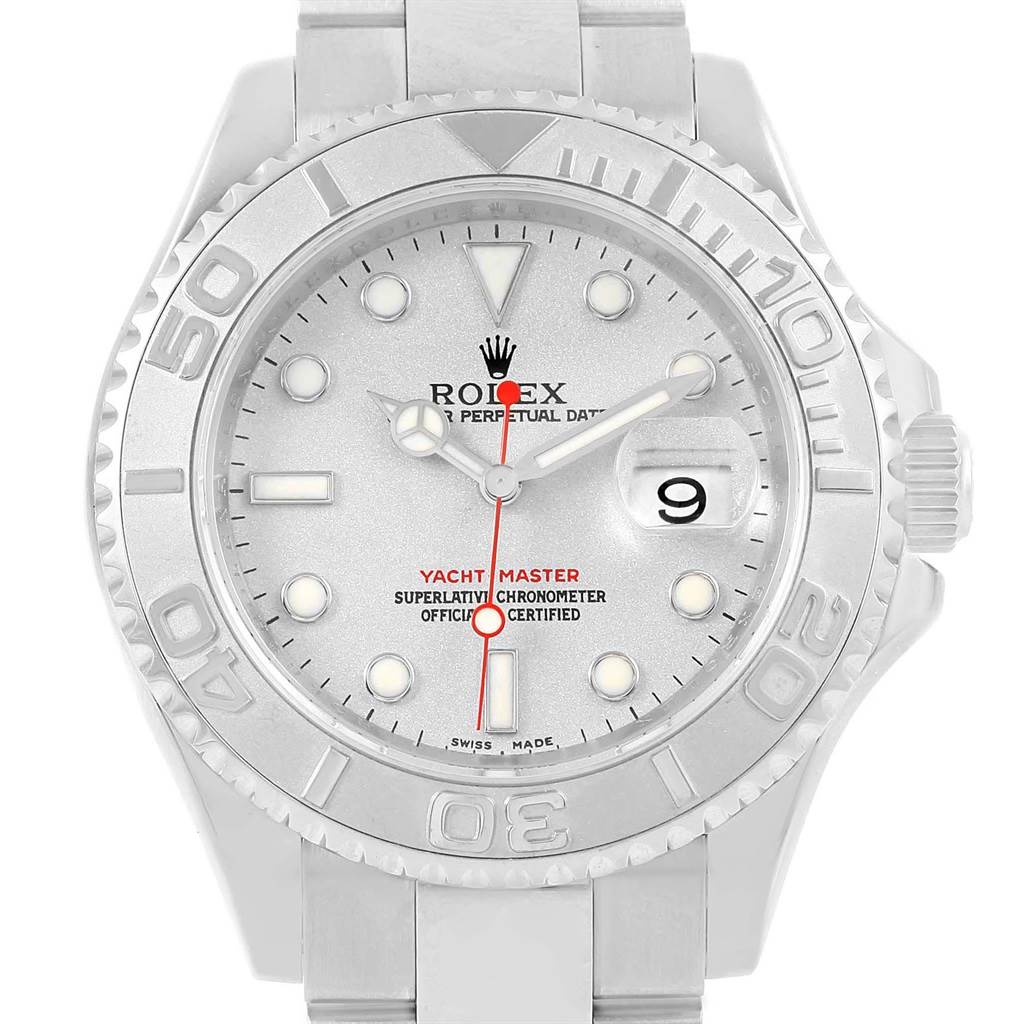 The image shows a front angle of the Rolex Yacht-Master 16622 Men's Stainless Steel Silver Dial 16622 Men's Stainless Steel Silver Dial watch, highlighting the dial, bezel, and bracelet.