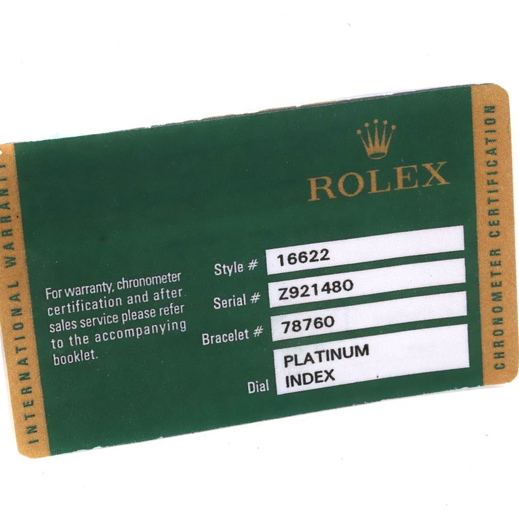 This is an international warranty card for a Rolex Yacht-Master 16622 Men's Stainless Steel Silver Dial 16622 Men's Stainless Steel Silver Dial model.
