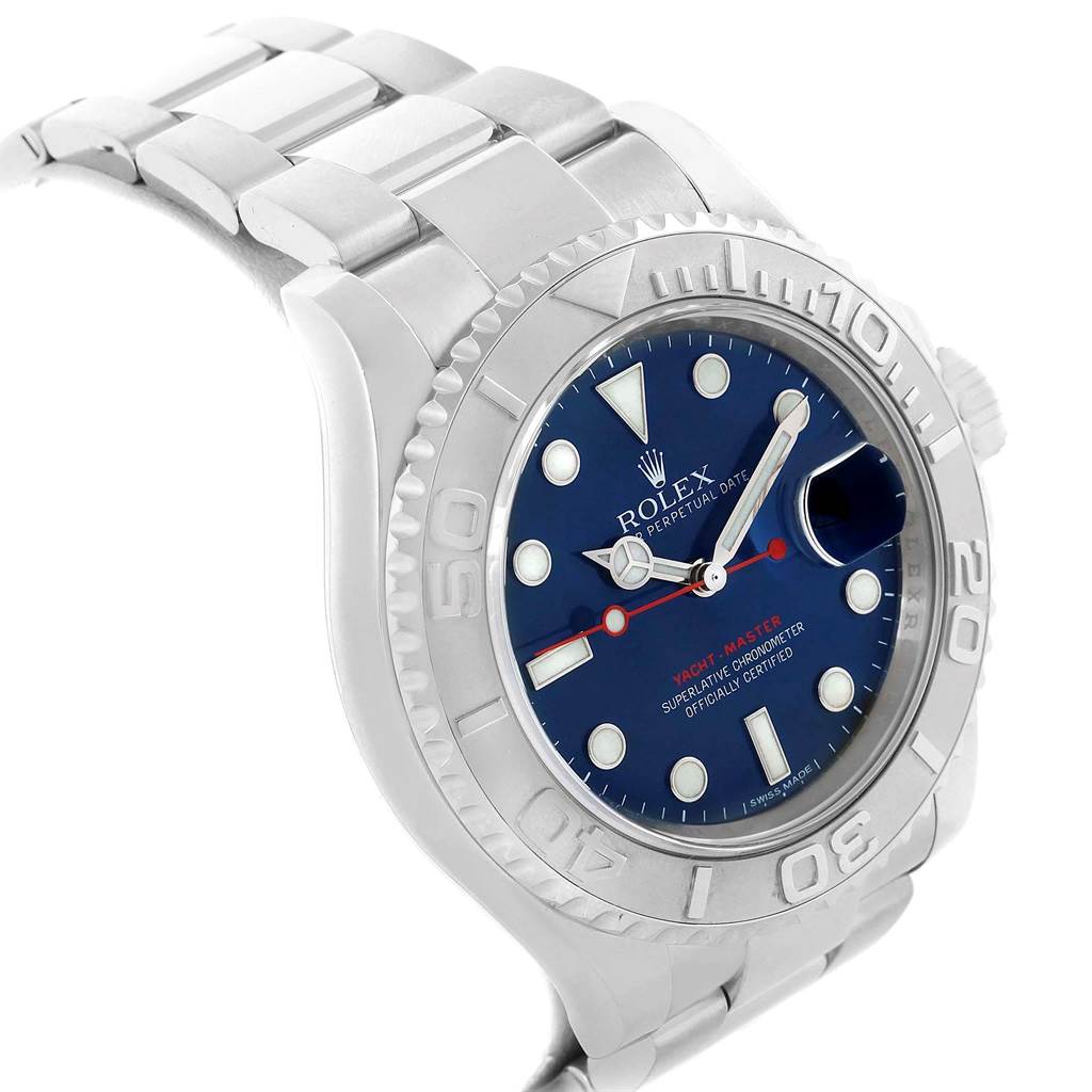 This image shows a Rolex Yacht-Master 116622 Men's Stainless Steel Blue Dial 116622 Men's Stainless Steel Blue Dial watch from a right side angle, displaying the bezel, dial, and part of the bracelet.