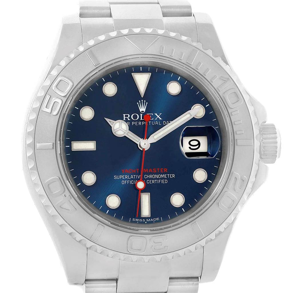 The image shows a front view of the Yacht-Master model by Rolex, displaying the face, bezel, crown, and bracelet.