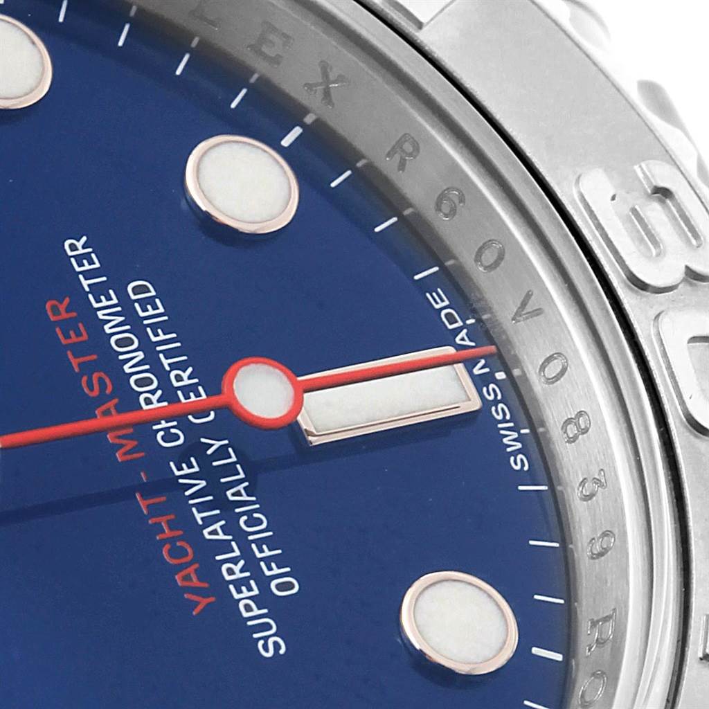 Close-up of the Rolex Yacht-Master 116622 Men's Stainless Steel Blue Dial 116622 Men's Stainless Steel Blue Dial watch showing the dial and part of the bezel.