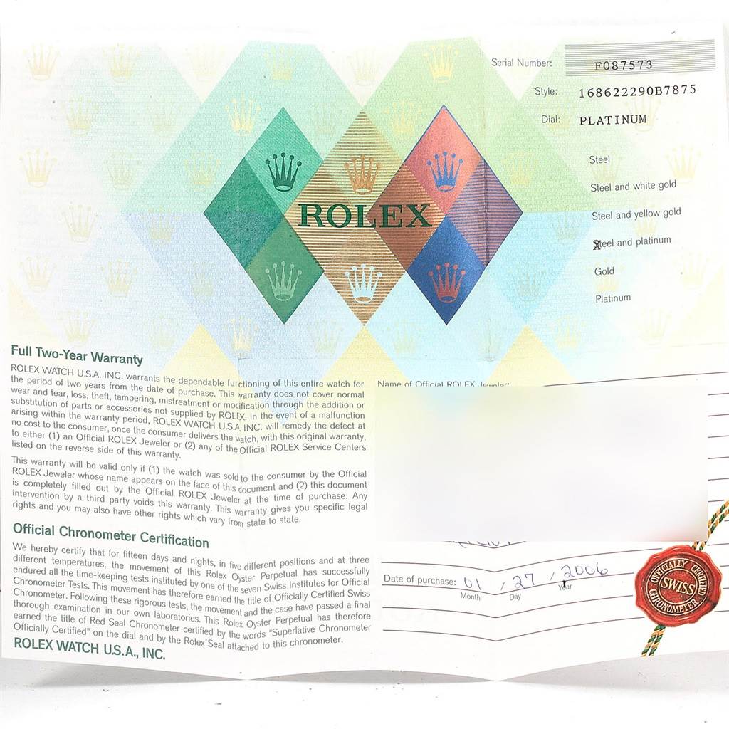 The image shows the warranty card and certification papers for a Rolex Yacht-Master 168622 Men's Stainless Steel Silver Dial 168622 Men's Stainless Steel Silver Dial watch.