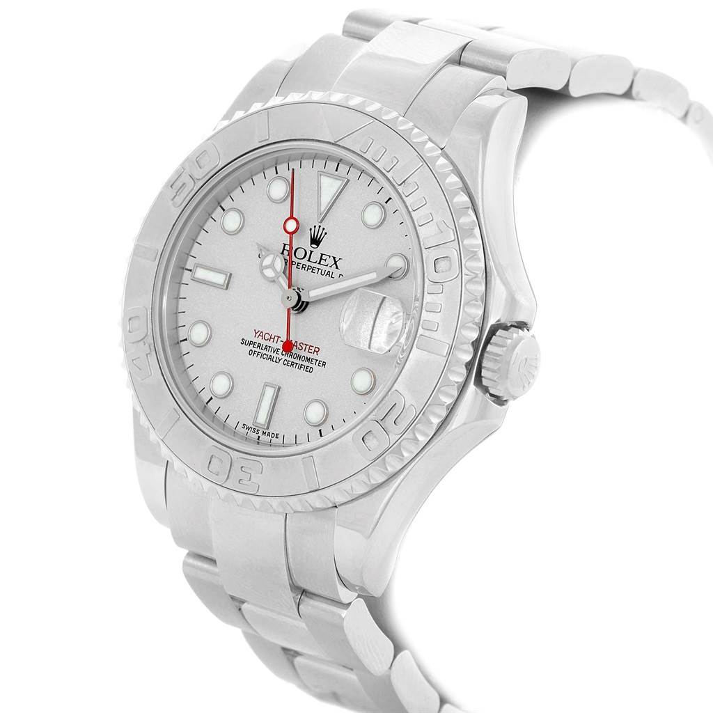 The Rolex Yacht-Master 168622 Men's Stainless Steel Silver Dial 168622 Men's Stainless Steel Silver Dial watch is shown at a three-quarter angle, highlighting the dial, bezel, crown, and bracelet.