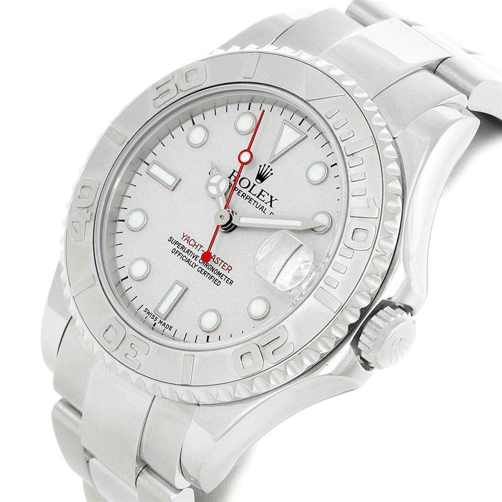 This image shows the Rolex Yacht-Master 168622 Men's Stainless Steel Silver Dial 168622 Men's Stainless Steel Silver Dial watch from an angled view, highlighting its bezel, dial, and bracelet.