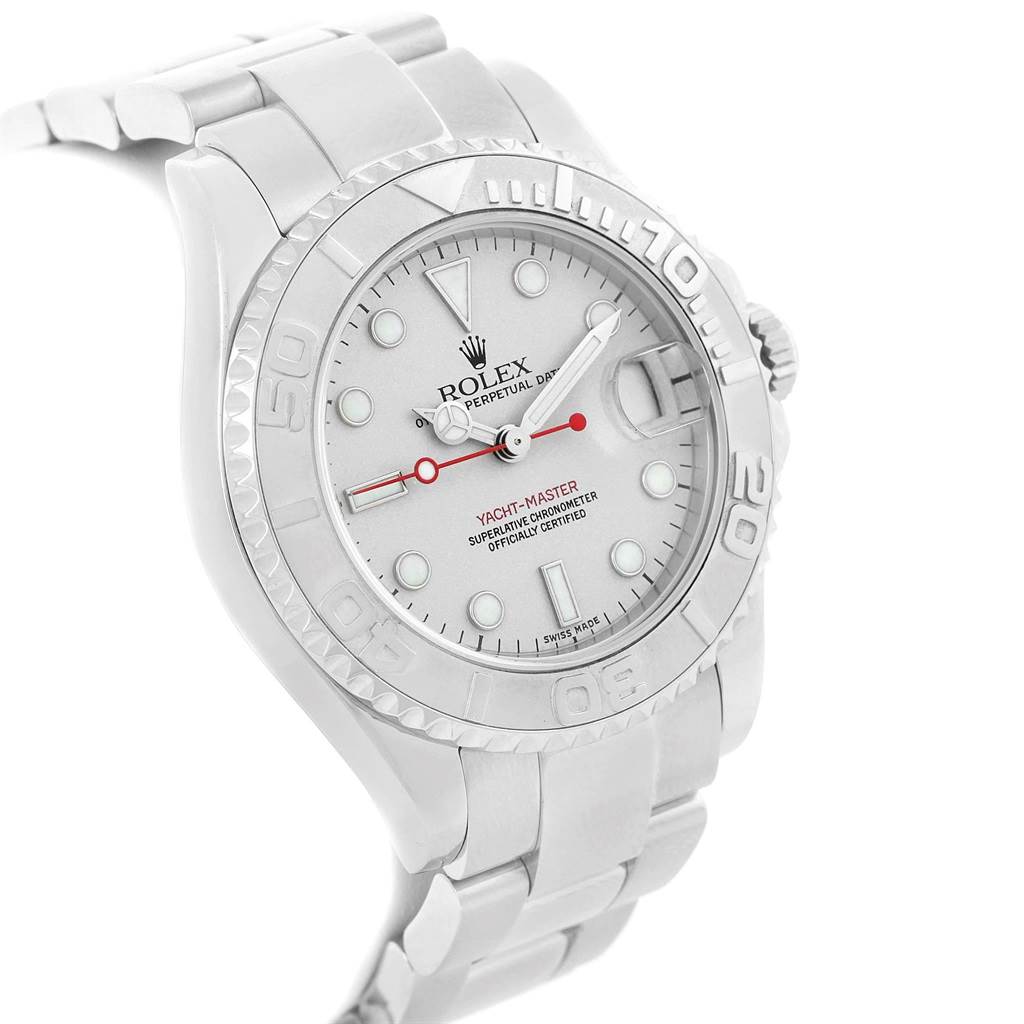 The Rolex Yacht-Master 168622 Men's Stainless Steel Silver Dial 168622 Men's Stainless Steel Silver Dial watch is angled to show its face, bezel, crown, and part of the bracelet.