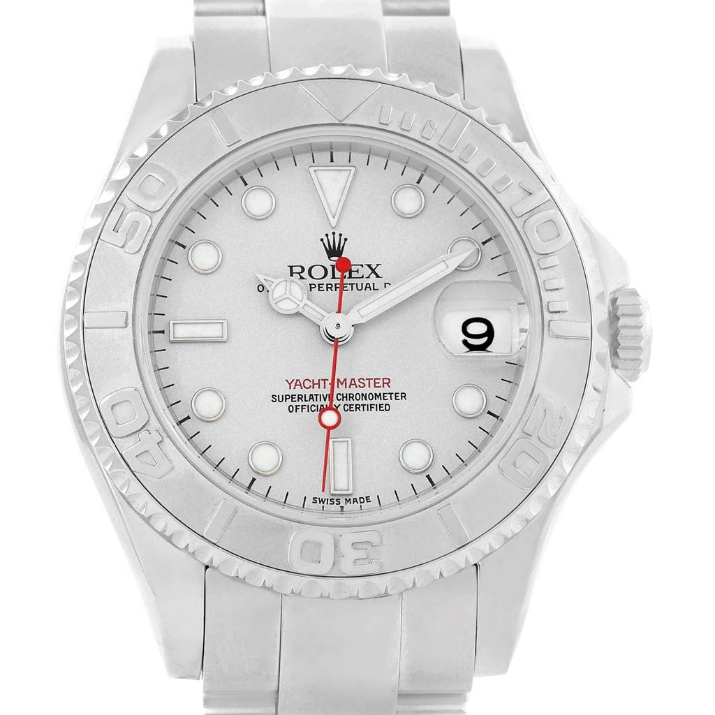 The Rolex Yacht-Master 168622 Men's Stainless Steel Silver Dial 168622 Men's Stainless Steel Silver Dial watch is shown from a front angle, displaying the dial, hands, bezel, and part of the bracelet.
