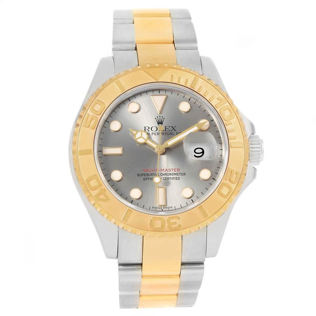 The Rolex Yacht-Master 16623 Men's Stainless Steel Grey Dial 16623 Men's Stainless Steel Grey Dial watch is shown from the front, displaying its face, bezel, and two-tone bracelet.