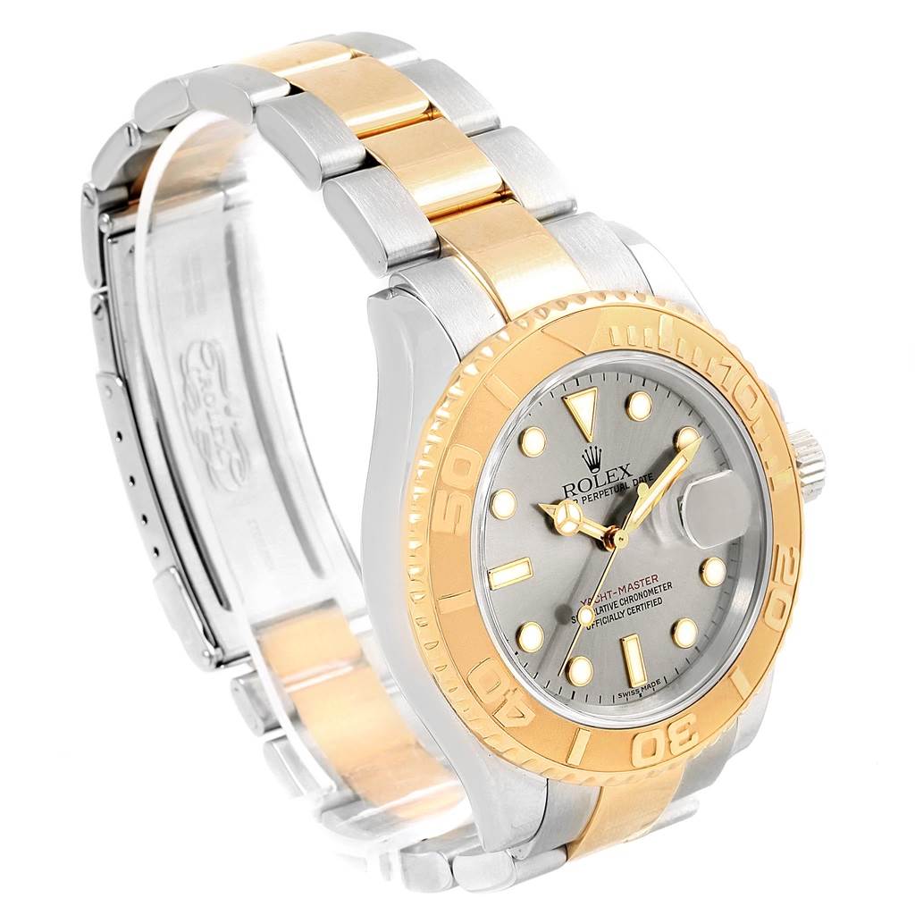 The image shows a Rolex Yacht-Master 16623 Men's Stainless Steel Grey Dial 16623 Men's Stainless Steel Grey Dial watch with a gold and silver bracelet from a front-right angle.