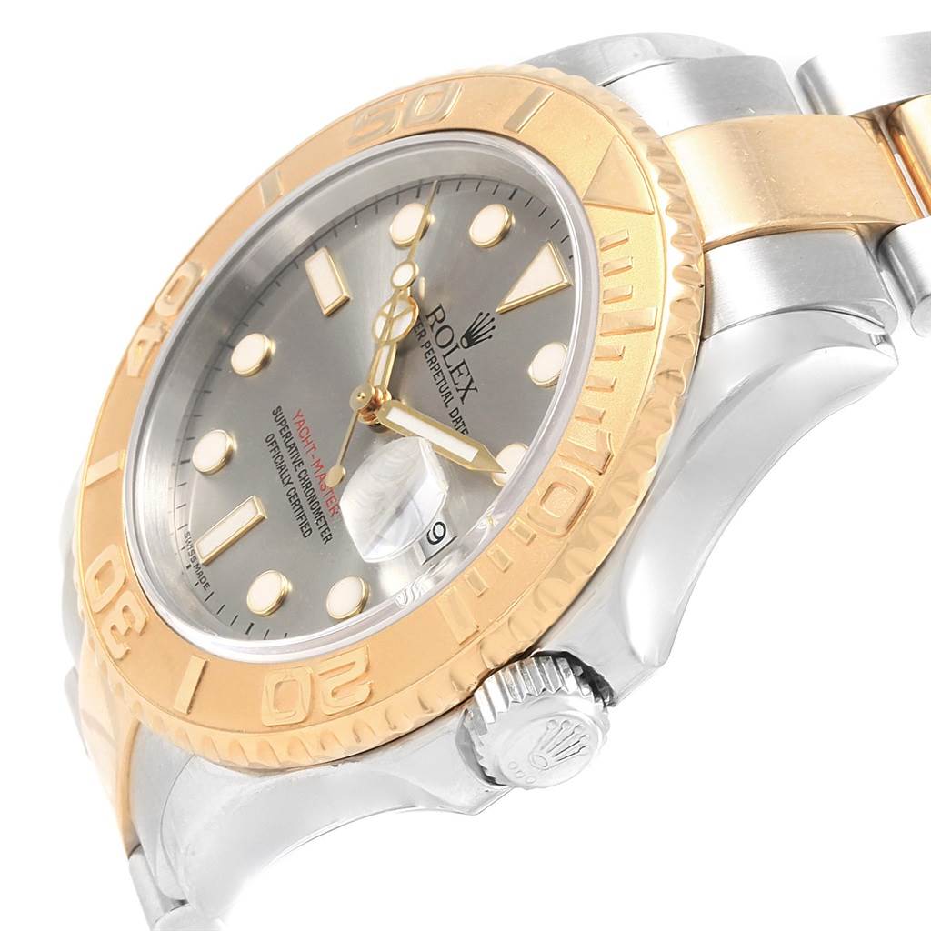 This image shows a side view of the Rolex Yacht-Master 16623 Men's Stainless Steel Grey Dial 16623 Men's Stainless Steel Grey Dial watch, highlighting the bezel, crown, dial, and part of the bracelet.