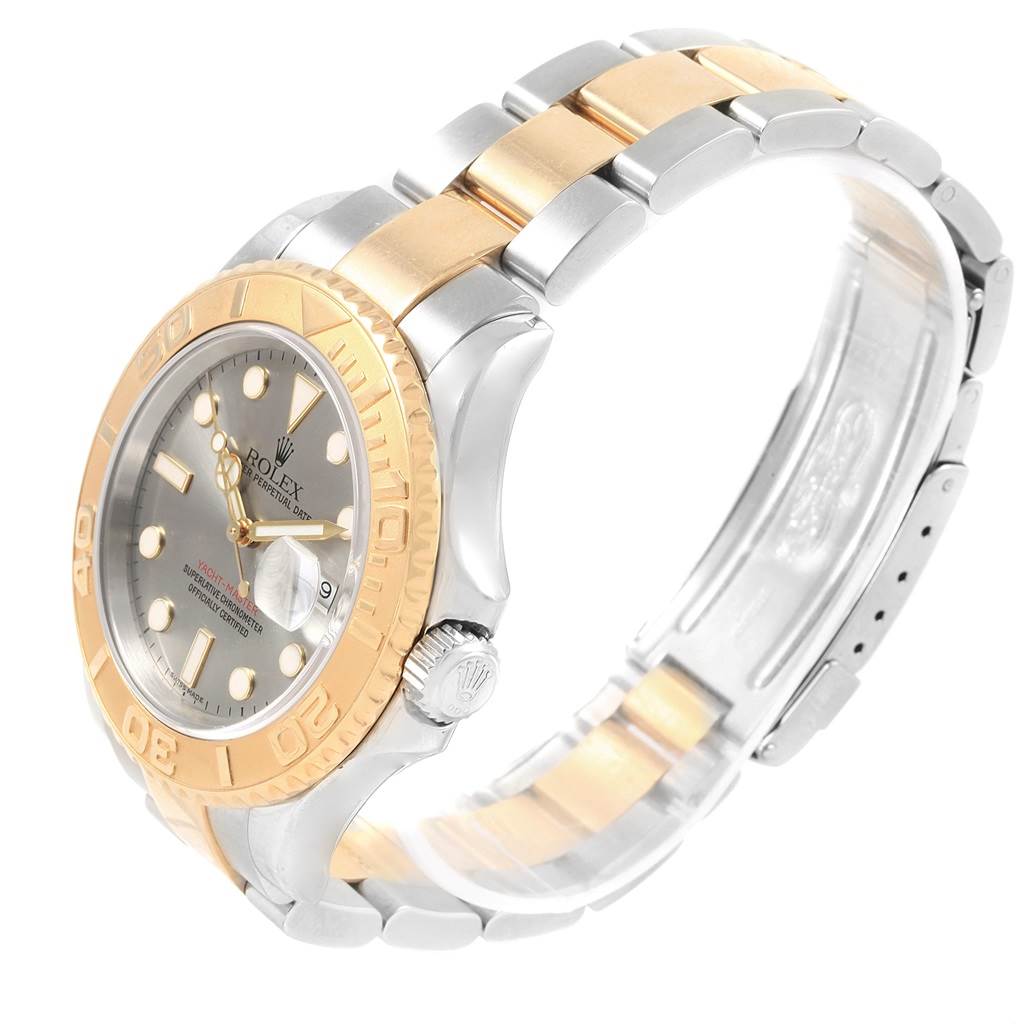 The image shows a side-angle view of a Rolex Yacht-Master 16623 Men's Stainless Steel Grey Dial 16623 Men's Stainless Steel Grey Dial watch, highlighting the bezel, dial, and bracelet.