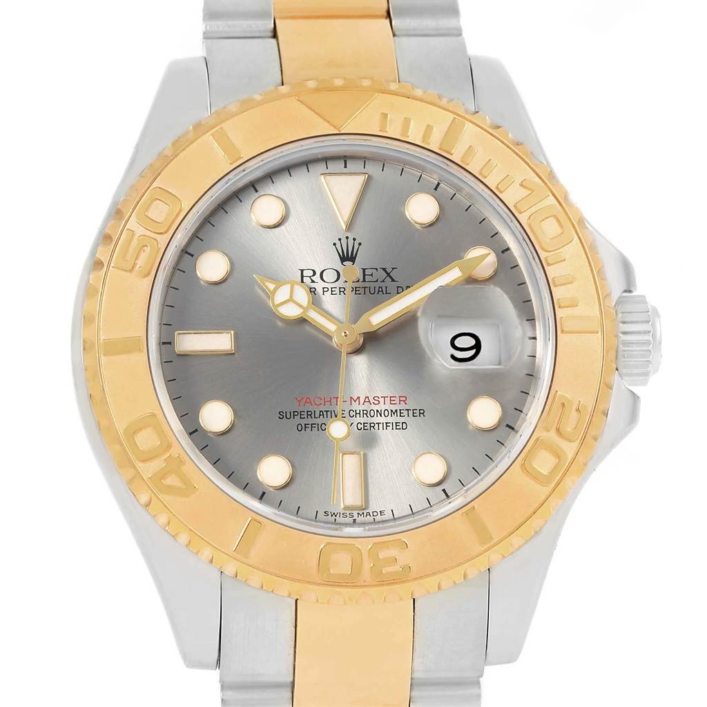 The Rolex Yacht-Master 16623 Men's Stainless Steel Grey Dial 16623 Men's Stainless Steel Grey Dial watch is shown from the front, highlighting the bezel, dial, hands, date, and part of the bracelet.
