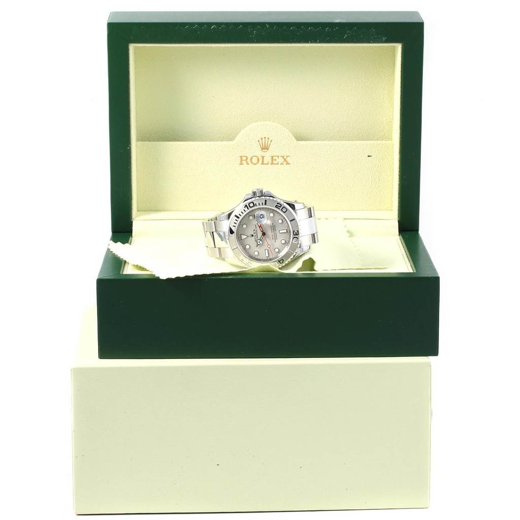 This image shows a Rolex Yacht-Master 16622 Men's Stainless Steel Silver Dial 16622 Men's Stainless Steel Silver Dial watch from a front angle, displayed inside an open Rolex box.