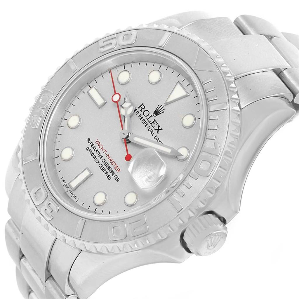 This image shows a Rolex Yacht-Master 16622 Men's Stainless Steel Silver Dial 16622 Men's Stainless Steel Silver Dial watch at a slightly angled view, displaying the dial, bezel, and part of the bracelet.