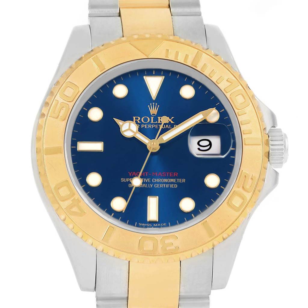 This is a front view of the Rolex Yacht-Master 16623 Men's Stainless Steel Blue Dial 16623 Men's Stainless Steel Blue Dial watch, showing the dial, bezel, hands, and part of the bracelet.