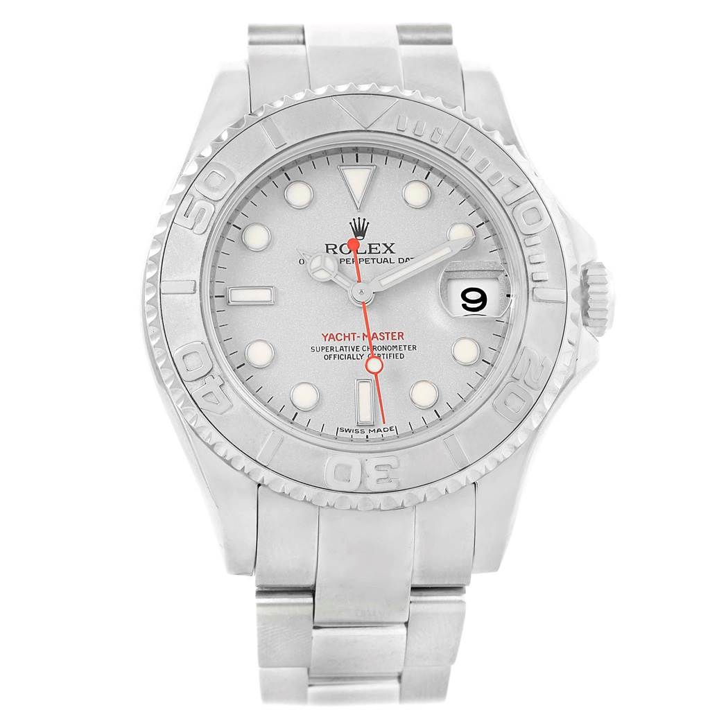 The image shows a front view of a Rolex Yacht-Master 168622 Men's Stainless Steel Silver Dial 168622 Men's Stainless Steel Silver Dial watch, highlighting its dial, bezel, and bracelet.